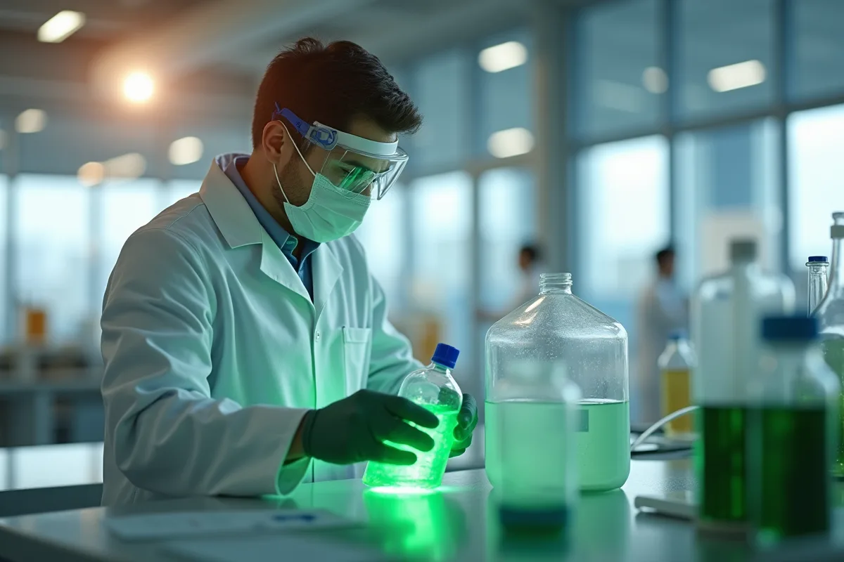 Chercheur en laboratoire versant biocarburant vert dans un tube