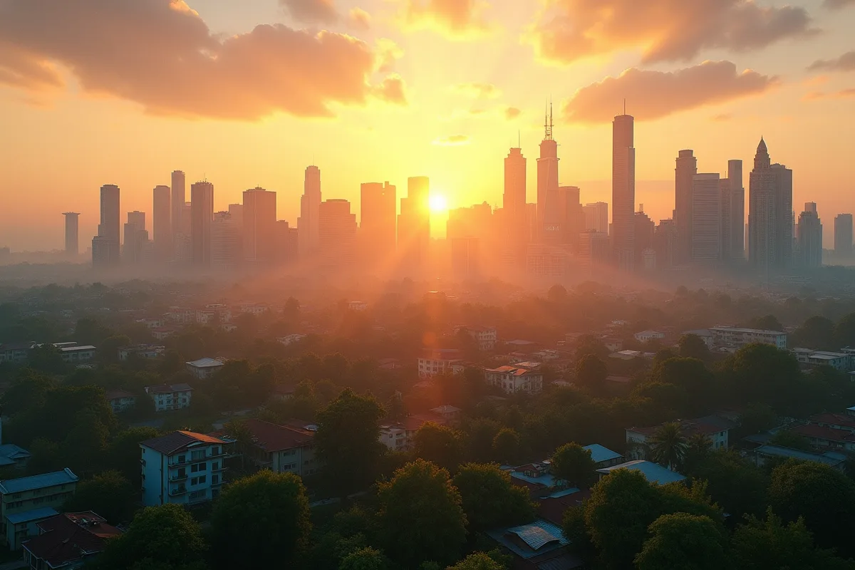 Paysage urbain et rural au coucher du soleil