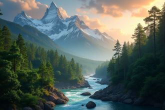 Paysage de montagnes enneigees et foret tropicale