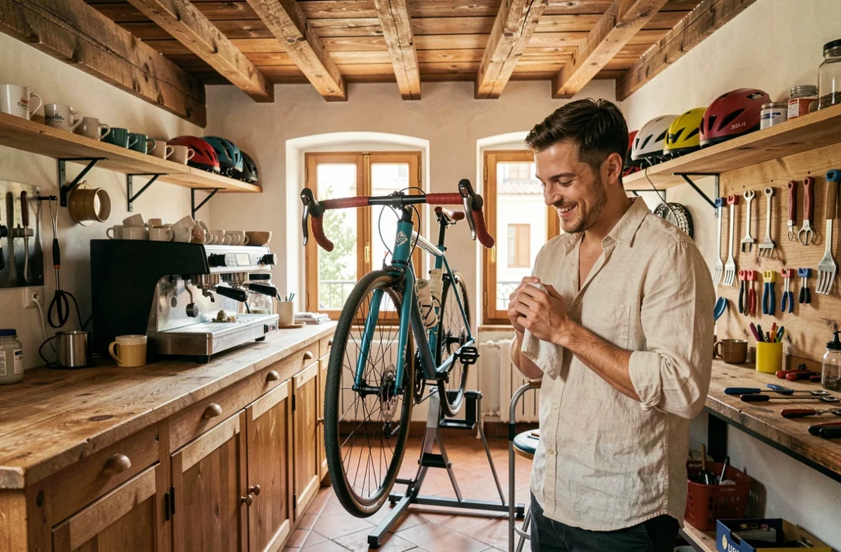 Café-atelier vélo à Bordeaux avec un comptoir espresso et un vélo en réparation sur un stand dans le même espace
