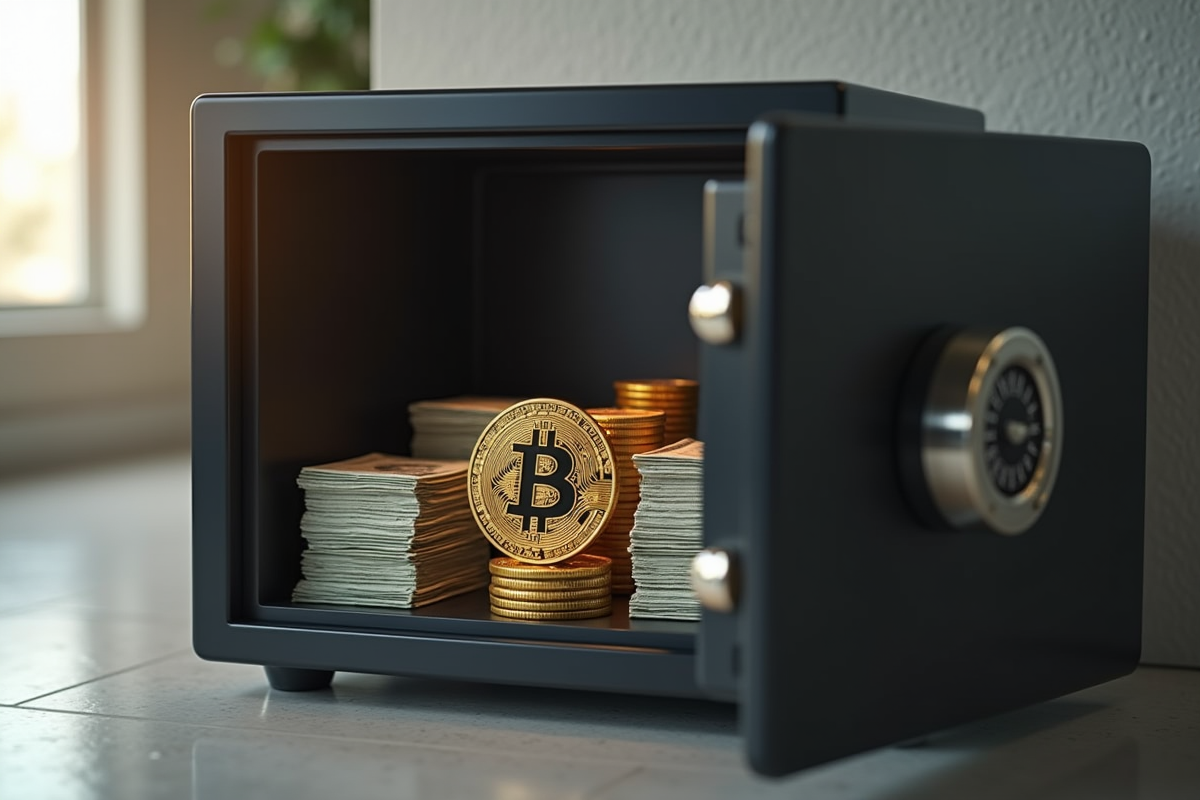 Coffre-fort ouvert avec bitcoins et dollars