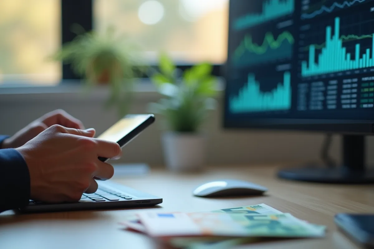 Mains comptant des euros avec un smartphone et graphique cybersécurité en fond