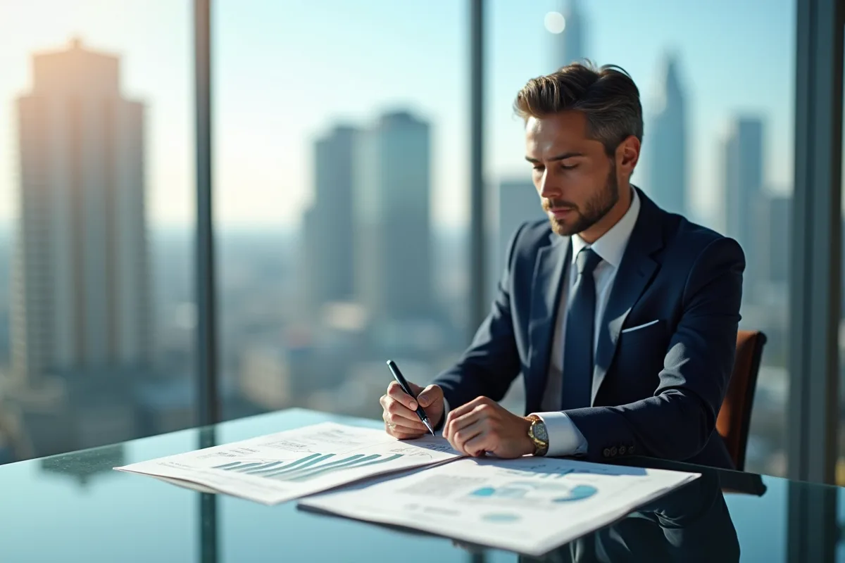 Conseiller financier élégant analysant un portefeuille de luxe avec vue urbaine