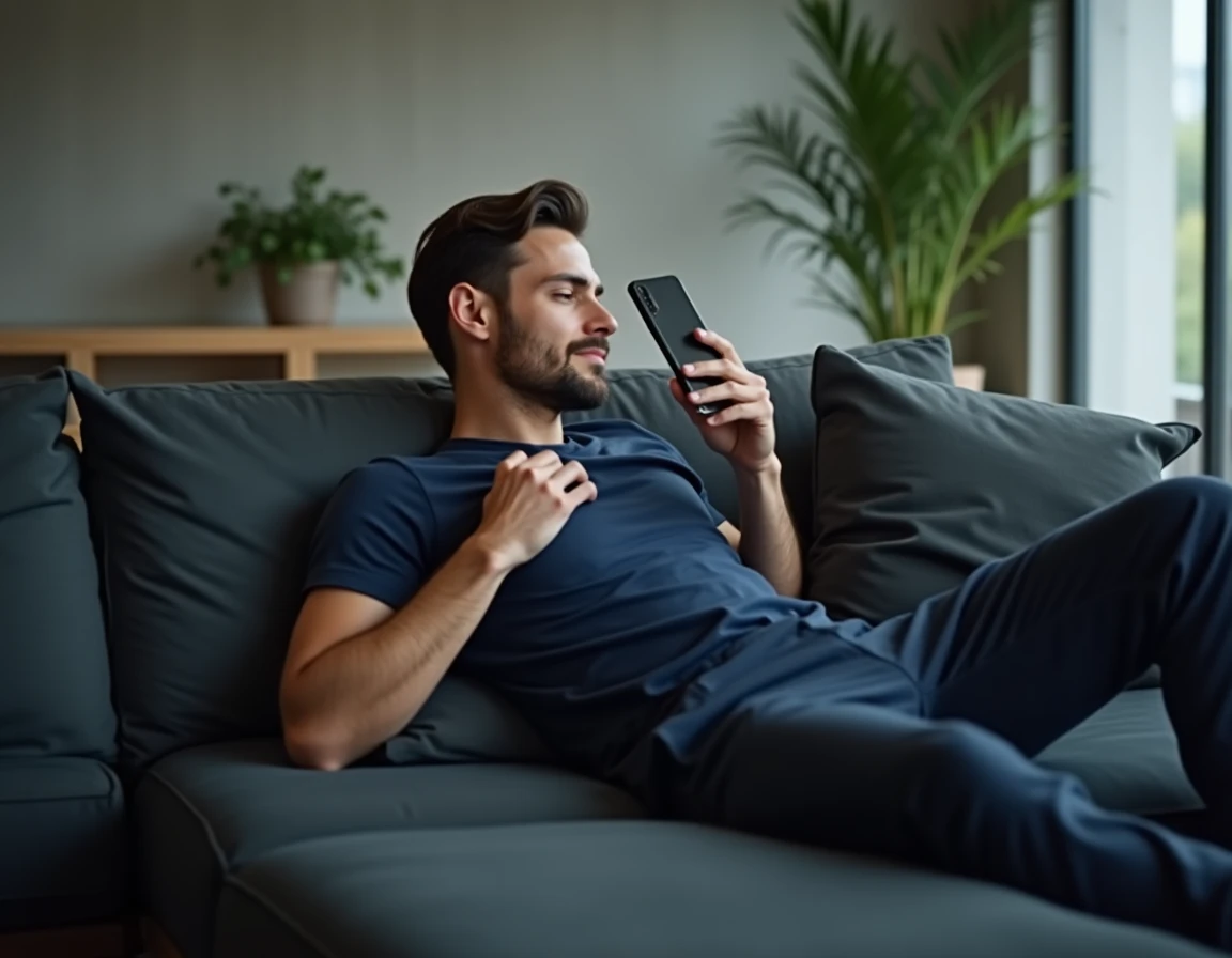 Homme consultant des stories Instagram de façon anonyme sur son téléphone depuis son canapé à la maison