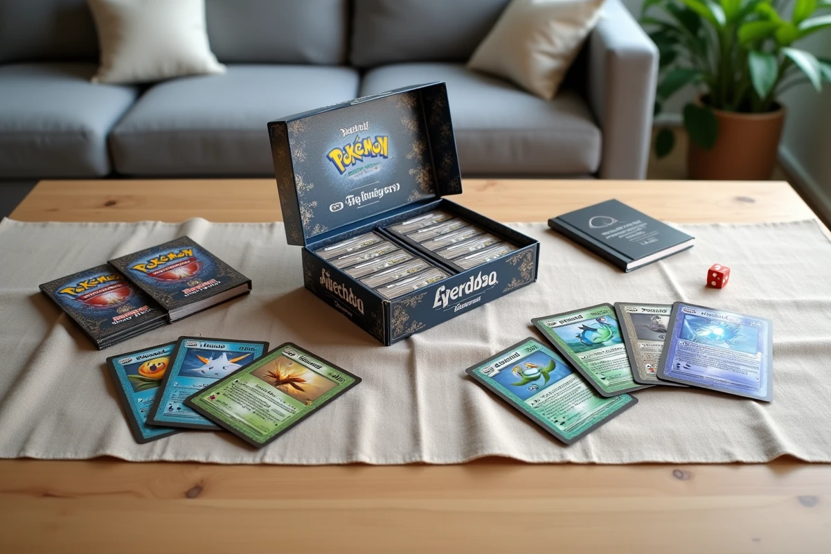 Vue de dessus du contenu détaillé d'un coffret Pokémon EV10.5 ouvert sur une table en bois clair
