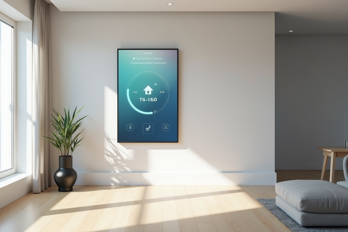Intérieur minimaliste avec écran de contrôle domotique lumineux