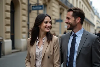 Couple discutant dehors près d un bâtiment parisien