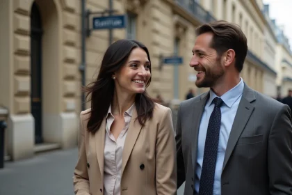 Couple discutant dehors pr&egrave;s d un b&acirc;timent parisien