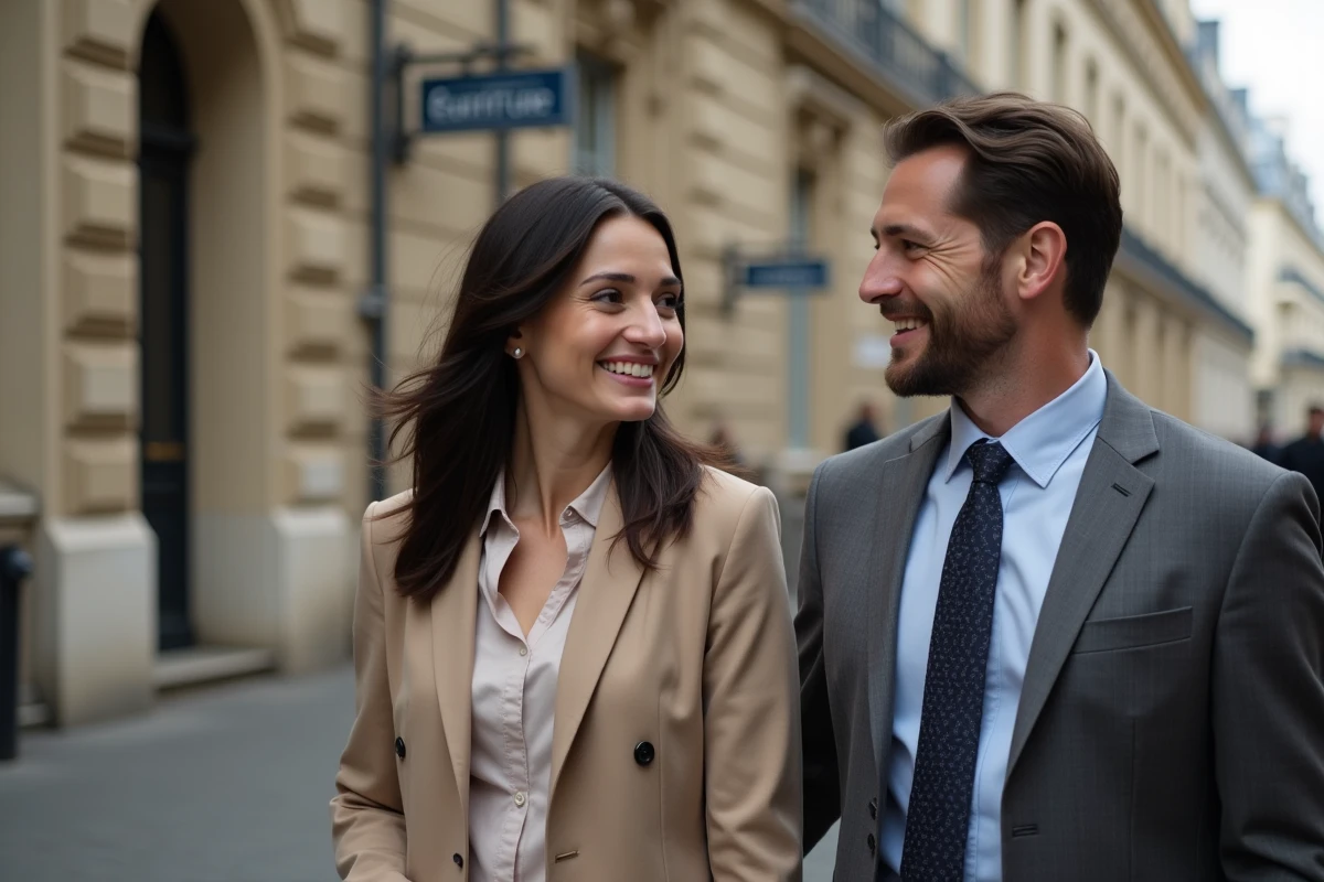 Couple discutant dehors pr&egrave;s d un b&acirc;timent parisien