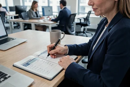 Femme au bureau consultant un tableau de conversion AM/PM en format 24h pour planifier ses horaires de travail