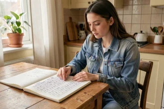 Jeune femme consultant un cahier de conversion miles kilomètres à une table de cuisine en bois
