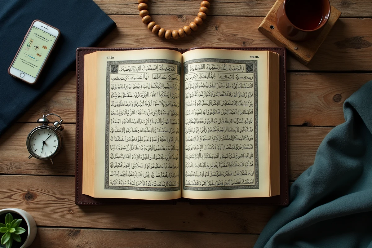 Vue du dessus d'un Coran ouvert, d'un smartphone avec l'application qibla et d'accessoires de prière sur une table en bois à Nantes