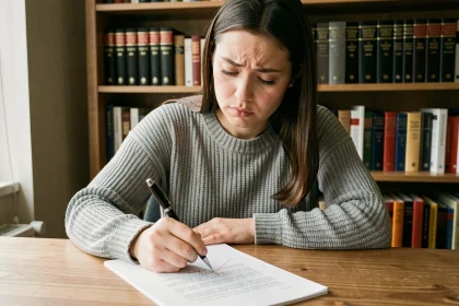 Jeune femme corrigeant une faute d'orthographe sur un document manuscrit à son bureau, illustrant la confusion entre enfait et enfaite