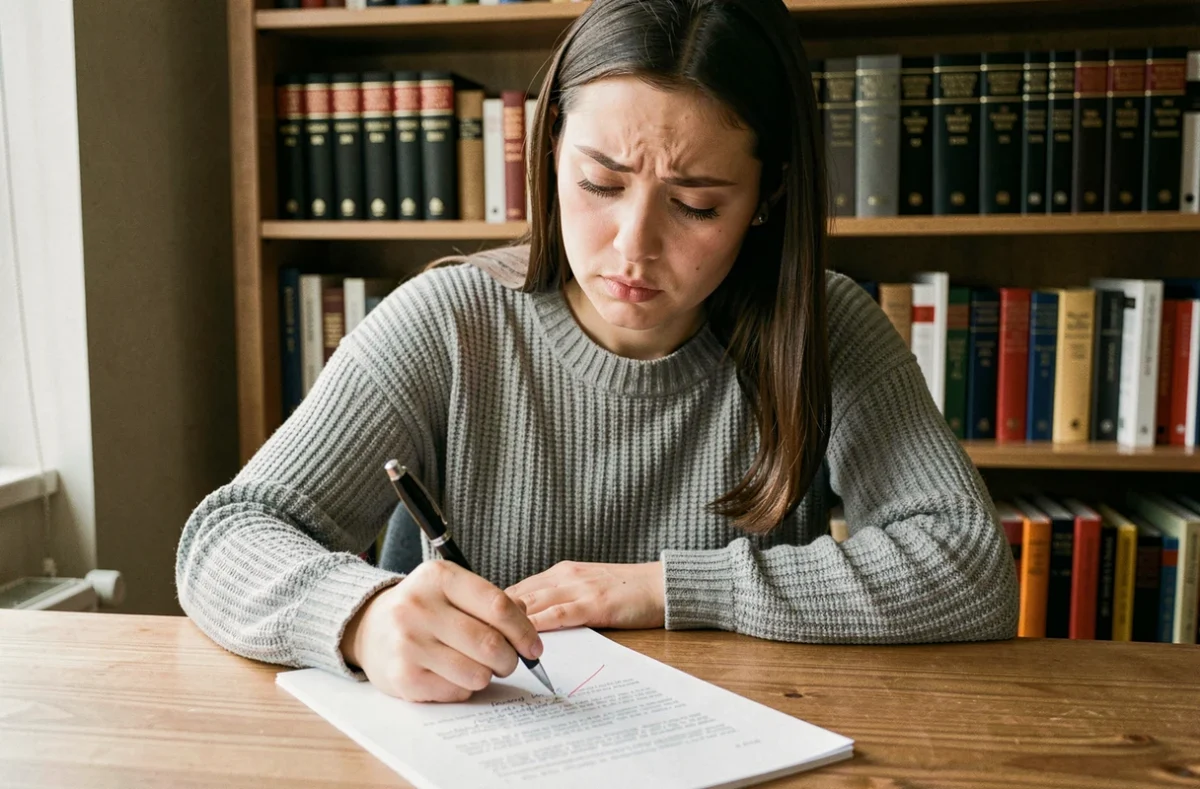 Jeune femme corrigeant une faute d'orthographe sur un document manuscrit à son bureau, illustrant la confusion entre enfait et enfaite
