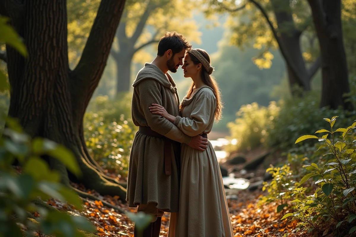 Couple en costume médiéval dans une forêt automnale illustrant l'amour courtois