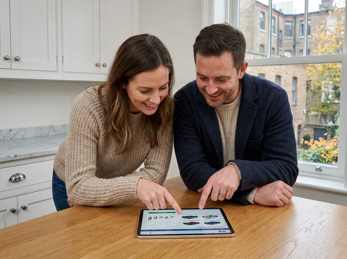Couple comparant des formules de leasing automobile sur une tablette numérique dans une cuisine moderne