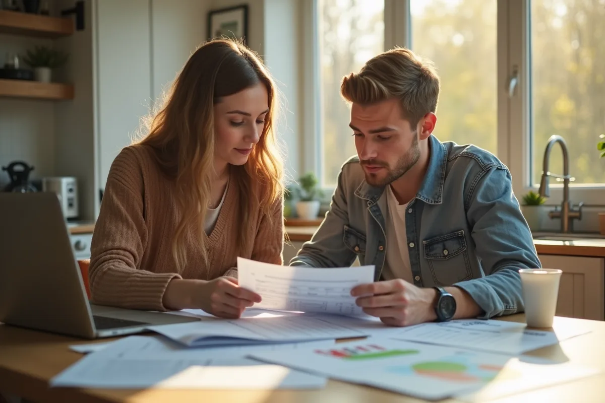 Jeune couple à la maison examine documents financiers