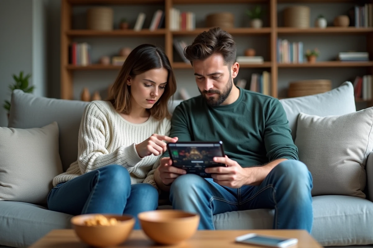 Deux adultes discutant des achats intégrés dans un jeu de guerre mobile sur tablette dans un salon moderne