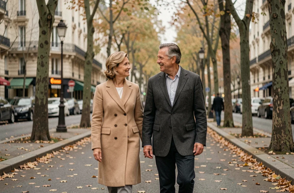 Couple se promenant discrètement dans une avenue parisienne bordée d'arbres en automne