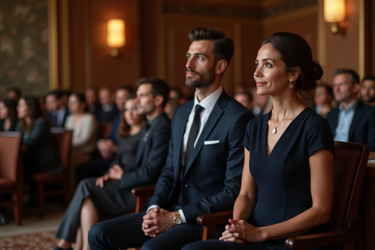 Couple assis sur un banc lors d un &eacute;v&eacute;nement int&eacute;rieur