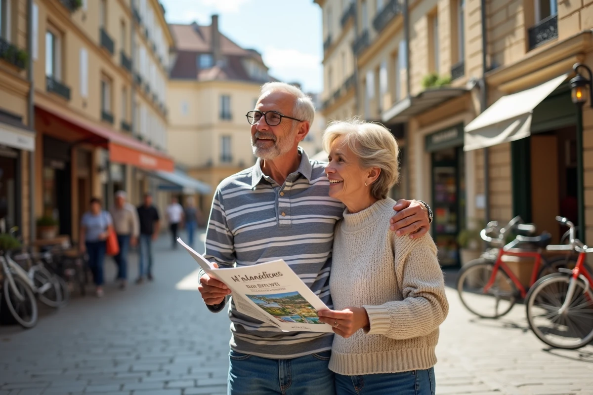 Couple explorant une ville de province française lors d'une visite de repérage avant un déménagement de région