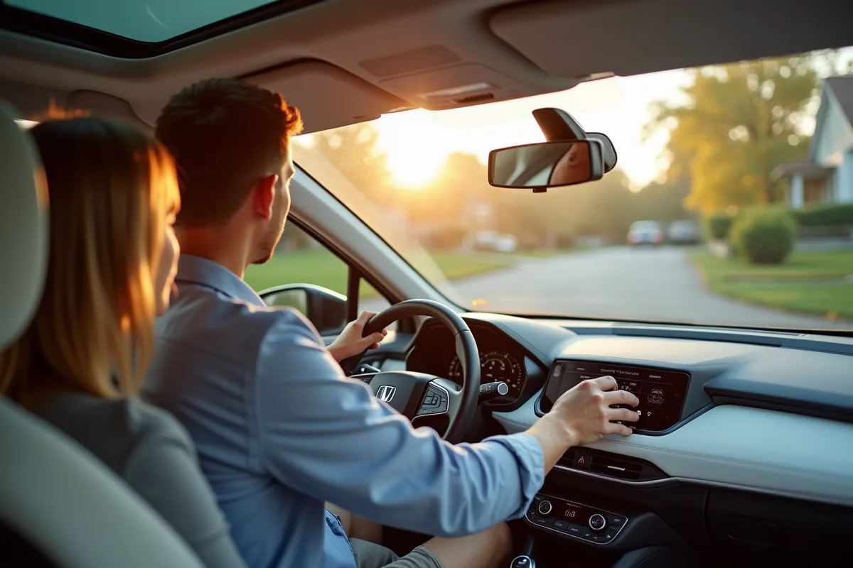 Jeune couple examinant le tableau de bord d'une voiture hybride en stationnement en matinée