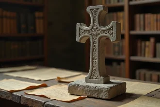 Croix de templier gravée dans la pierre ancienne entourée de parchemins historiques dans une archive médiévale