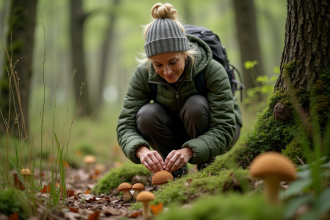 Femme cueillant des morilles dans une forêt française au printemps