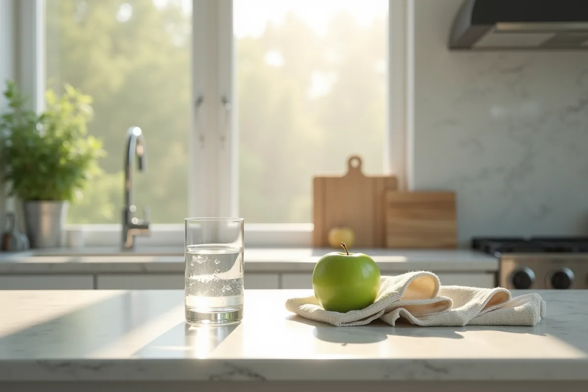 Plan de travail de cuisine avec pomme verte et serviette