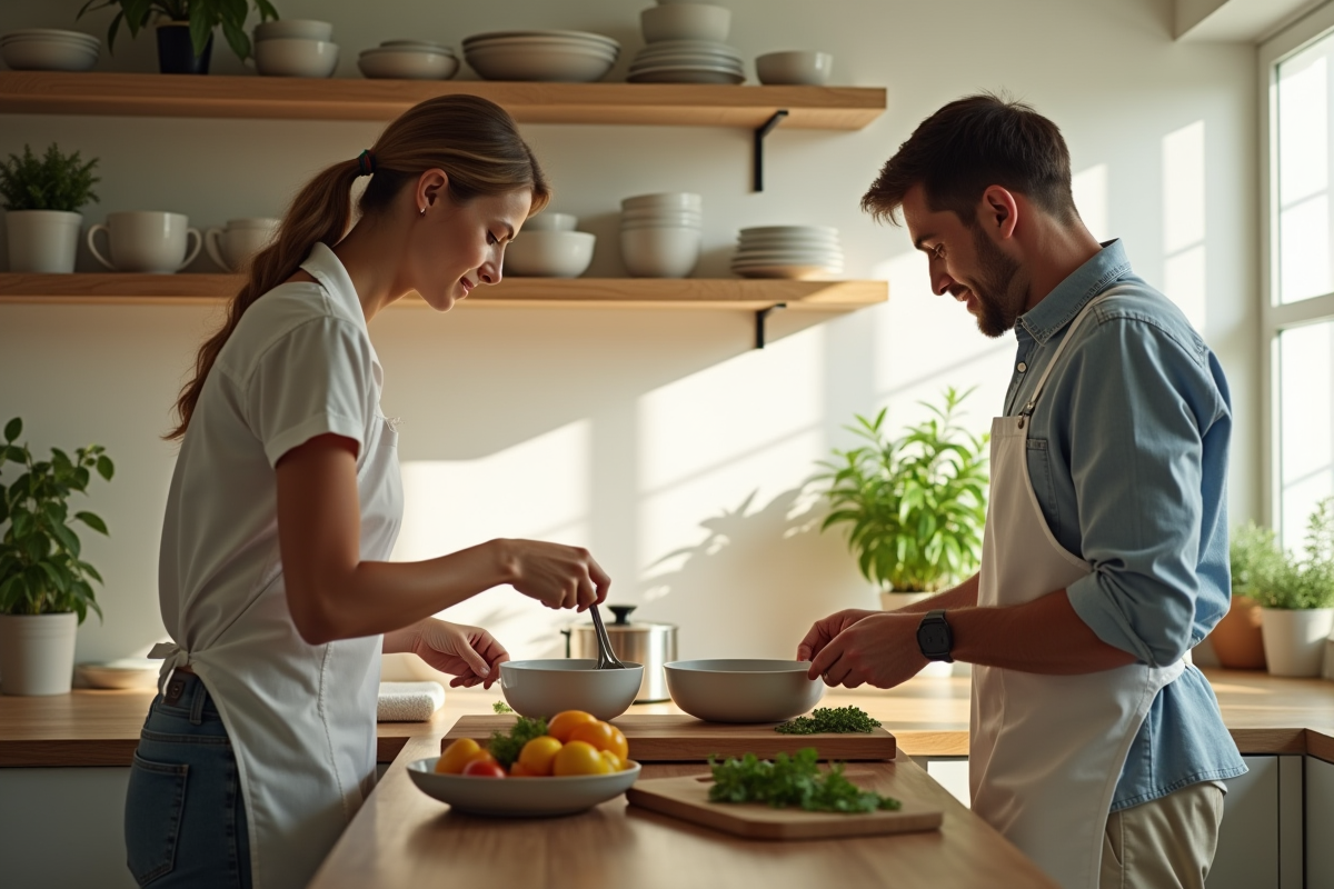Deux personnes préparent un repas dans une cuisine ensoleillee