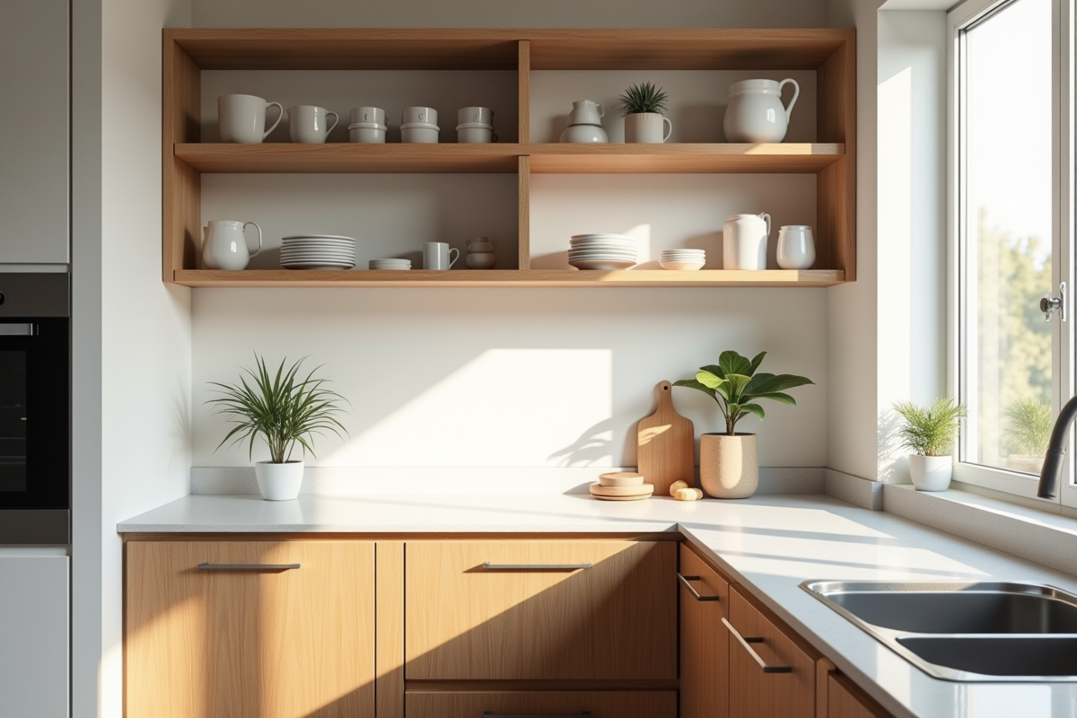 Coin cuisine scandinave avec bois naturel et plantes vertes