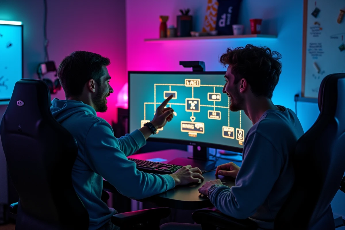 Deux joueurs débattant de l'utilité du métier Mineur dans Dofus devant un setup gaming