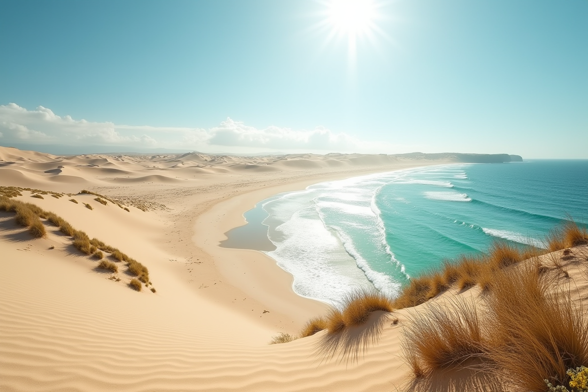 Désert de dunes et côte avec océan turquoise