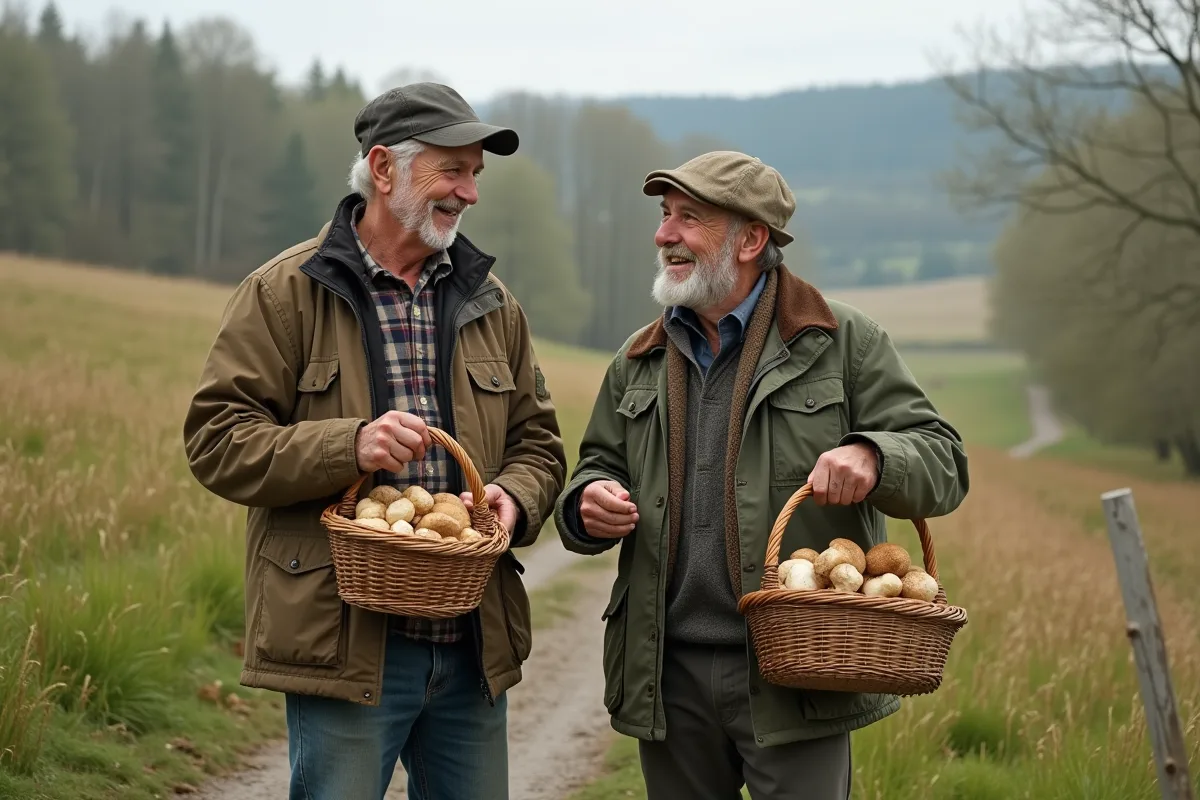 Deux hommes âgés avec paniers de morilles dans un paysage rural