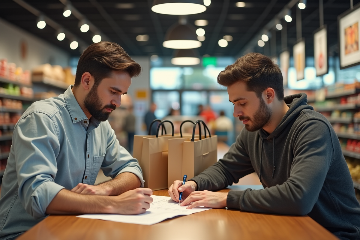 Deux hommes remplissant un formulaire de paiement au service client