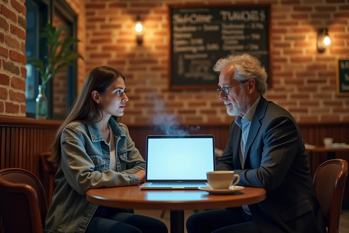 Deux personnes discutant d'une plateforme de services collaboratifs sur un ordinateur portable dans un café