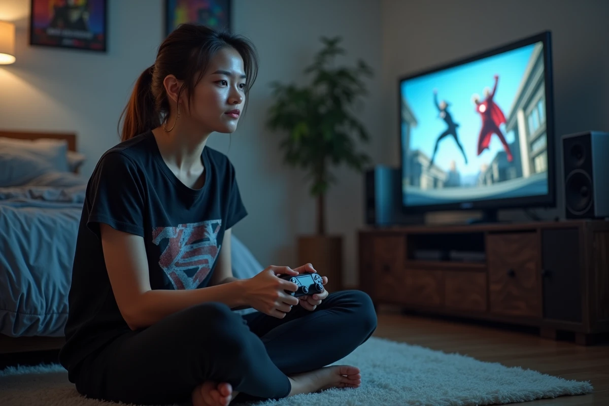 Jeune femme jouant à un jeu Spider-Man en mode difficile dans une chambre avec console de jeux