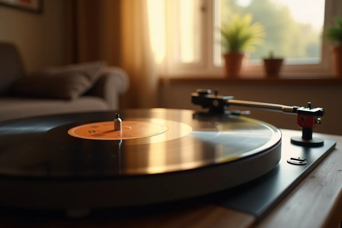 Disque vinyle vintage tournant sur une platine dans un salon chaleureux