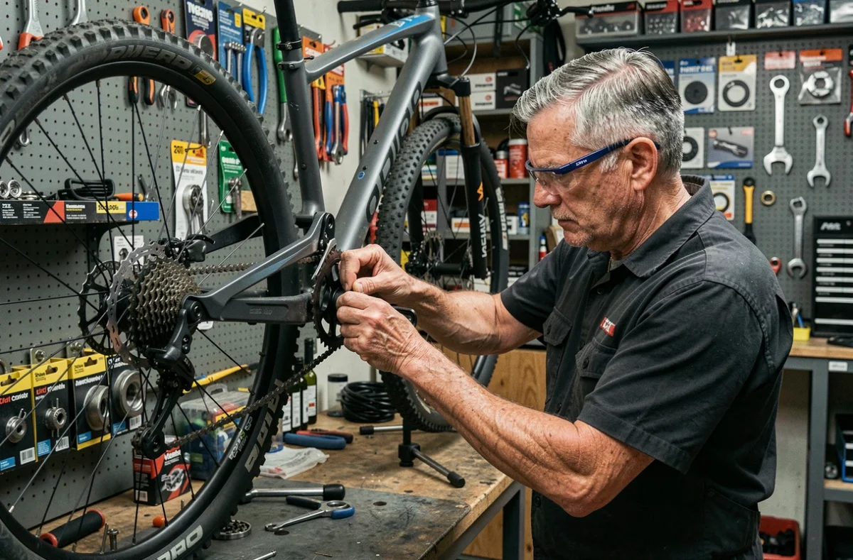 Mécanicien professionnel réglant le dérailleur d'un VTT dans un atelier vélo spécialisé toutes marques