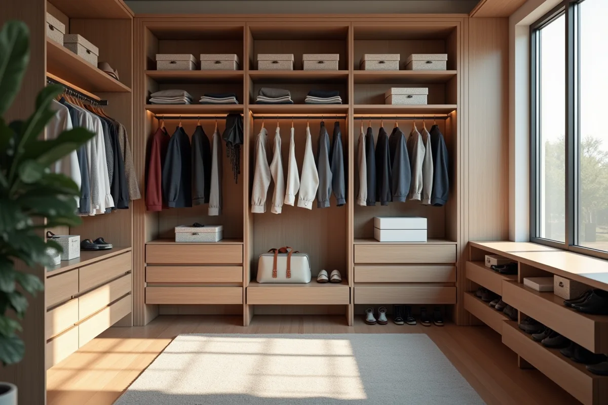 Dressing moderne avec étagères organisées et lumière naturelle