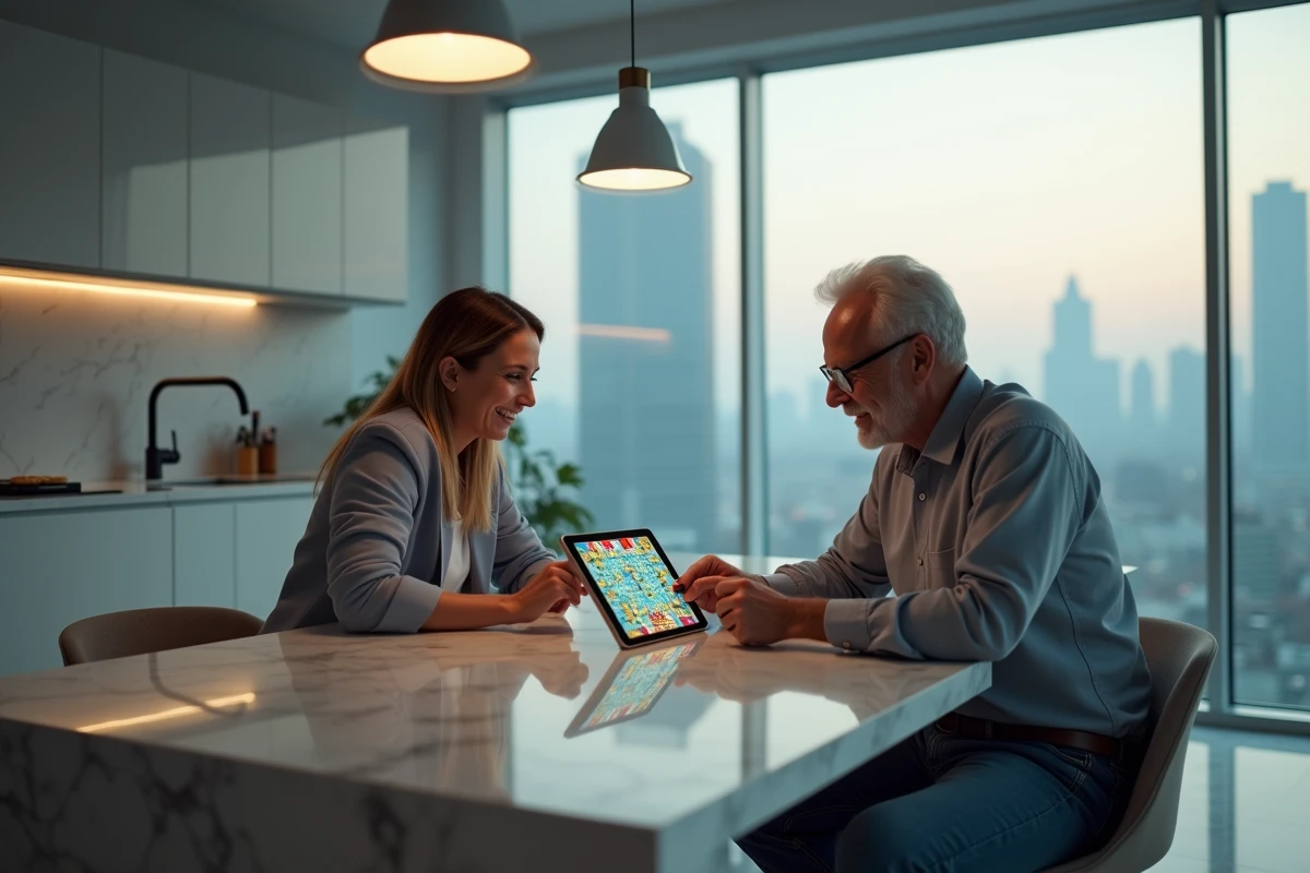 Deux adultes jouant ensemble à un jeu de plateau mobile sur tablette dans une cuisine moderne avec vue sur la ville
