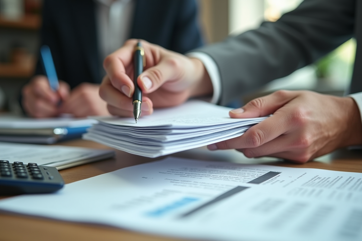 Main échangeant des documents financiers sur un bureau en bois