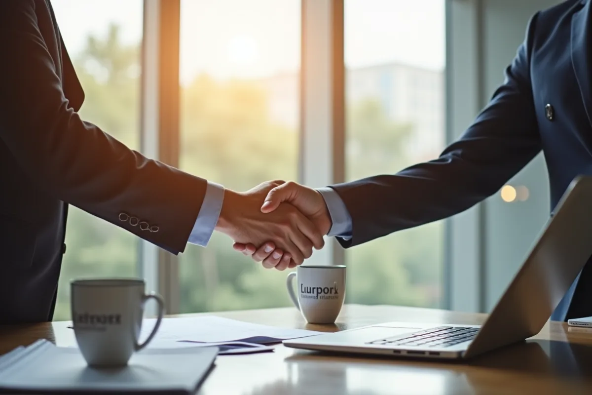 Deux professionnels se serrant la main dans un bureau lumineux