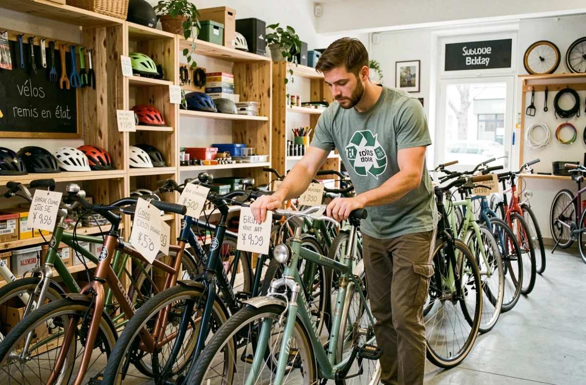 Employé remettant en état un vélo d'occasion dans un atelier de réparation durable à Bordeaux