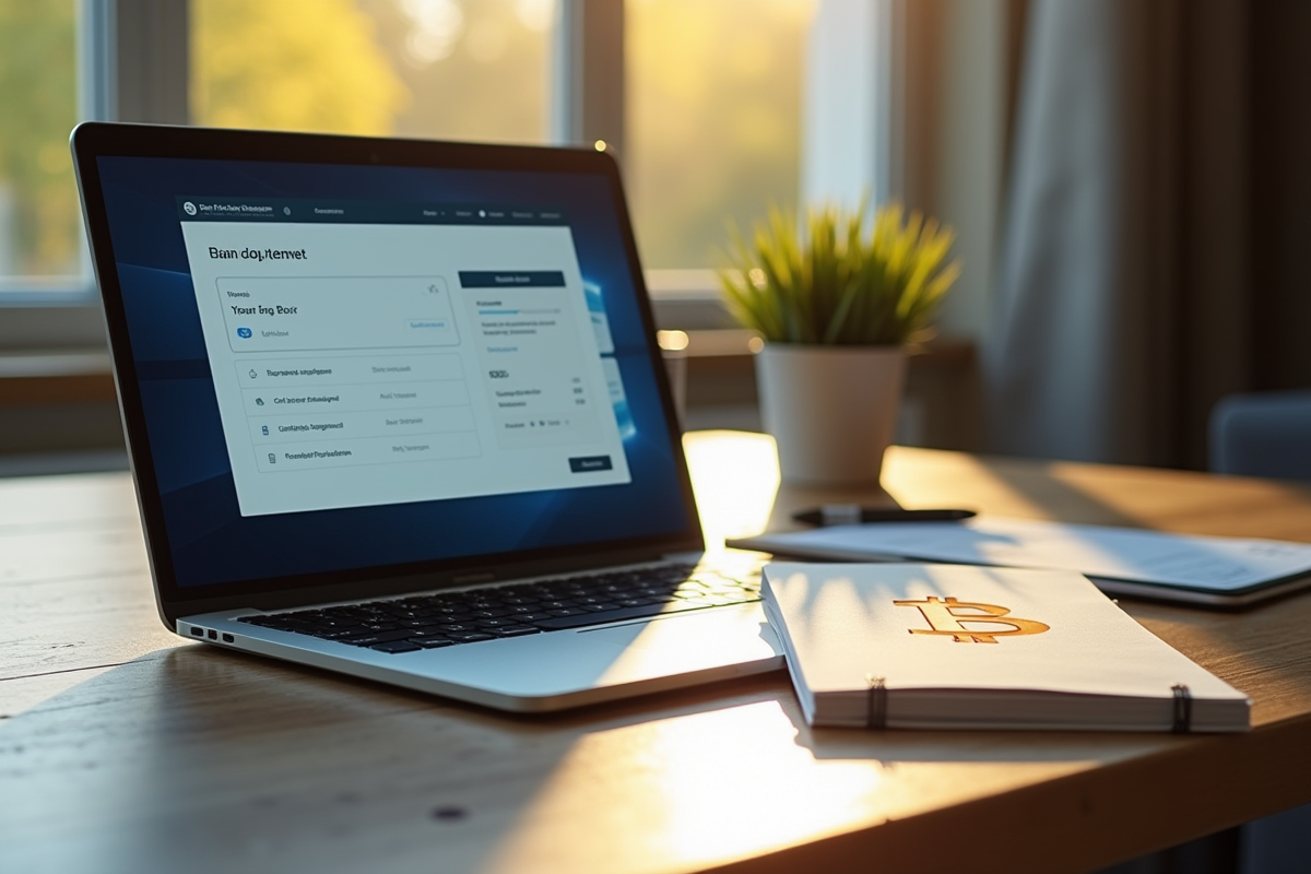 Ordinateur portable affichant un transfert bancaire sécurisé avec symbole Bitcoin