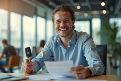 Employe souriant au bureau tenant une clé de voiture et un bon de repas