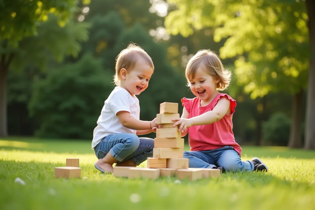 Enfant et adulte construisant une tour en plein air dans un parc