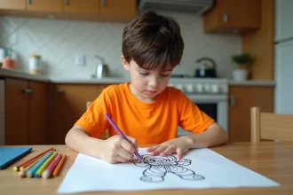 Enfant coloriant un personnage de Dragon Ball avec des feutres sur une table en bois