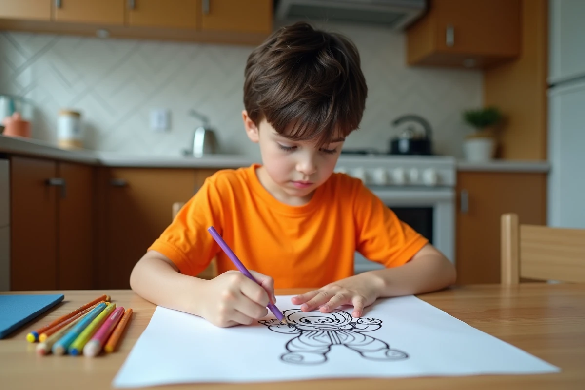 Enfant coloriant un personnage de Dragon Ball avec des feutres sur une table en bois