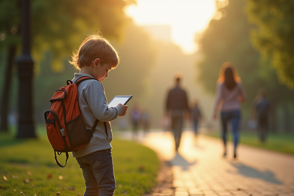 Enfant seul dans un parc urbain absorbé par sa tablette